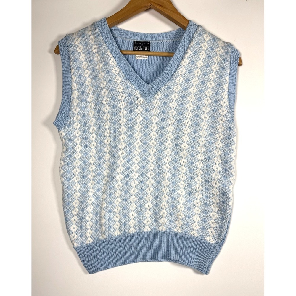Vintage Nordstrom Sweater Vest Small Blue White‎ Argyle Knit Made in Scotland